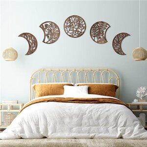 Jetec 5 Pcs Moon Phase Wall Art Decor Wall Pediments Hanging Wooden Phase
